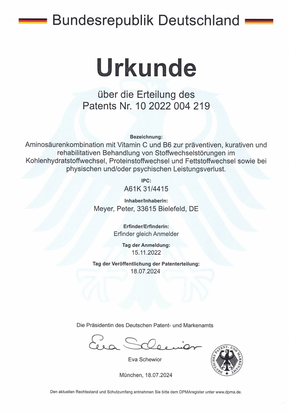 Ein Dokument mit dem Titel "Urkunde" der Bundesrepublik Deutschland, das die Erteilung eines Patents beschreibt, mit einem Bundesadler im Hintergrund.