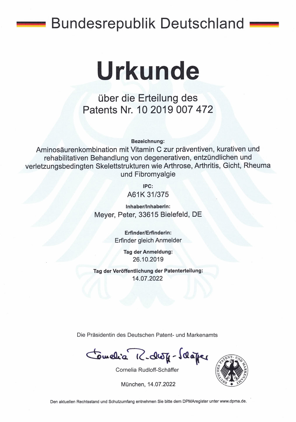 Ein Dokument mit dem Titel "Urkunde" der Bundesrepublik Deutschland, das die Erteilung eines Patents beschreibt, mit einem Bundesadler im Hintergrund.